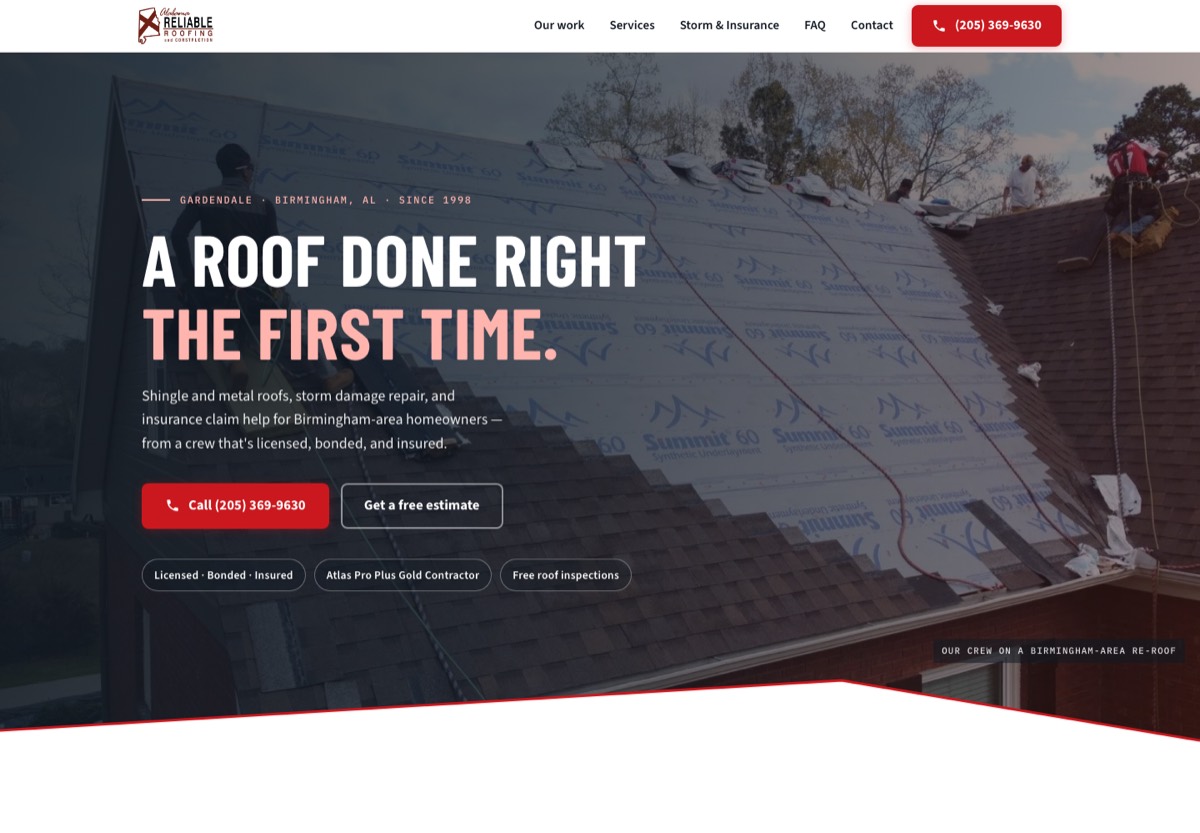 The rebuilt Alabama Reliable Roofing website